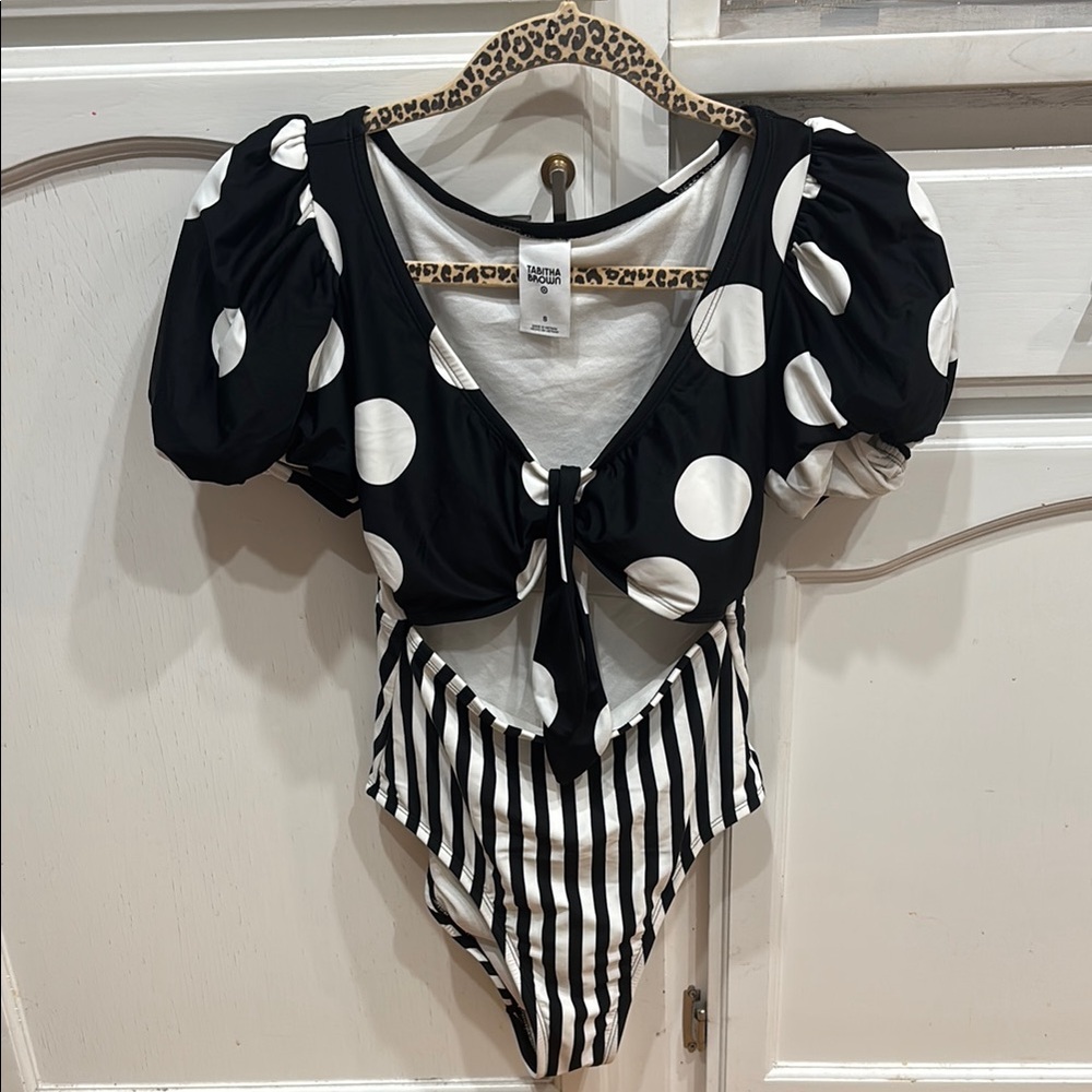 Tabitha Brown Buff Sleeve One Piece Swimsuit Black White Womens Size Small